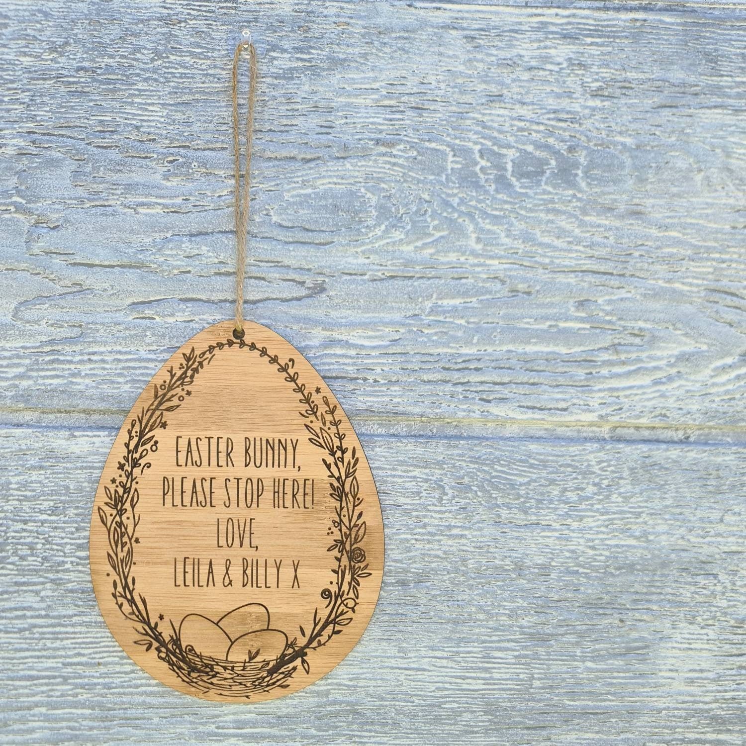 Personalised Bamboo "Easter Bunny Please Stop Here" Hanging Sign
