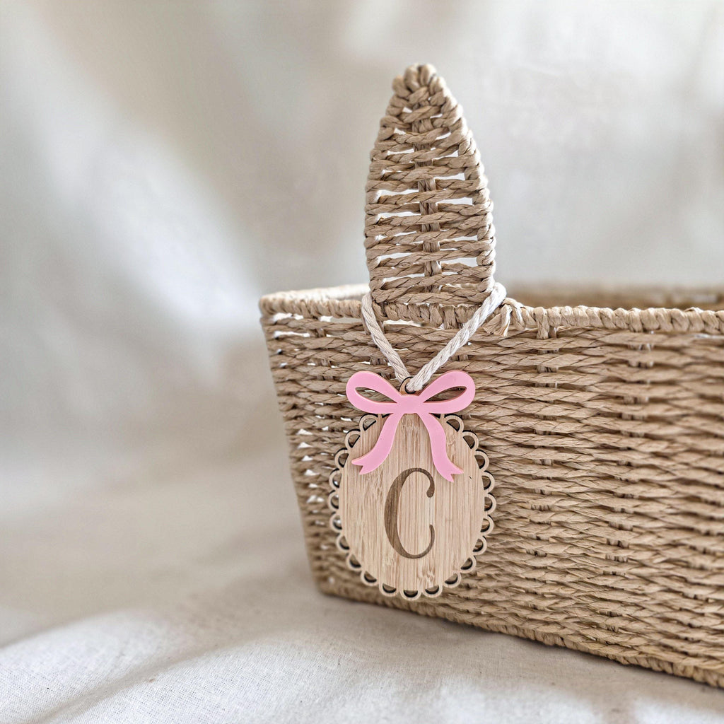 Personalized Easter Basket Tag | Bamboo Initial Gift Tag with Acrylic Bow