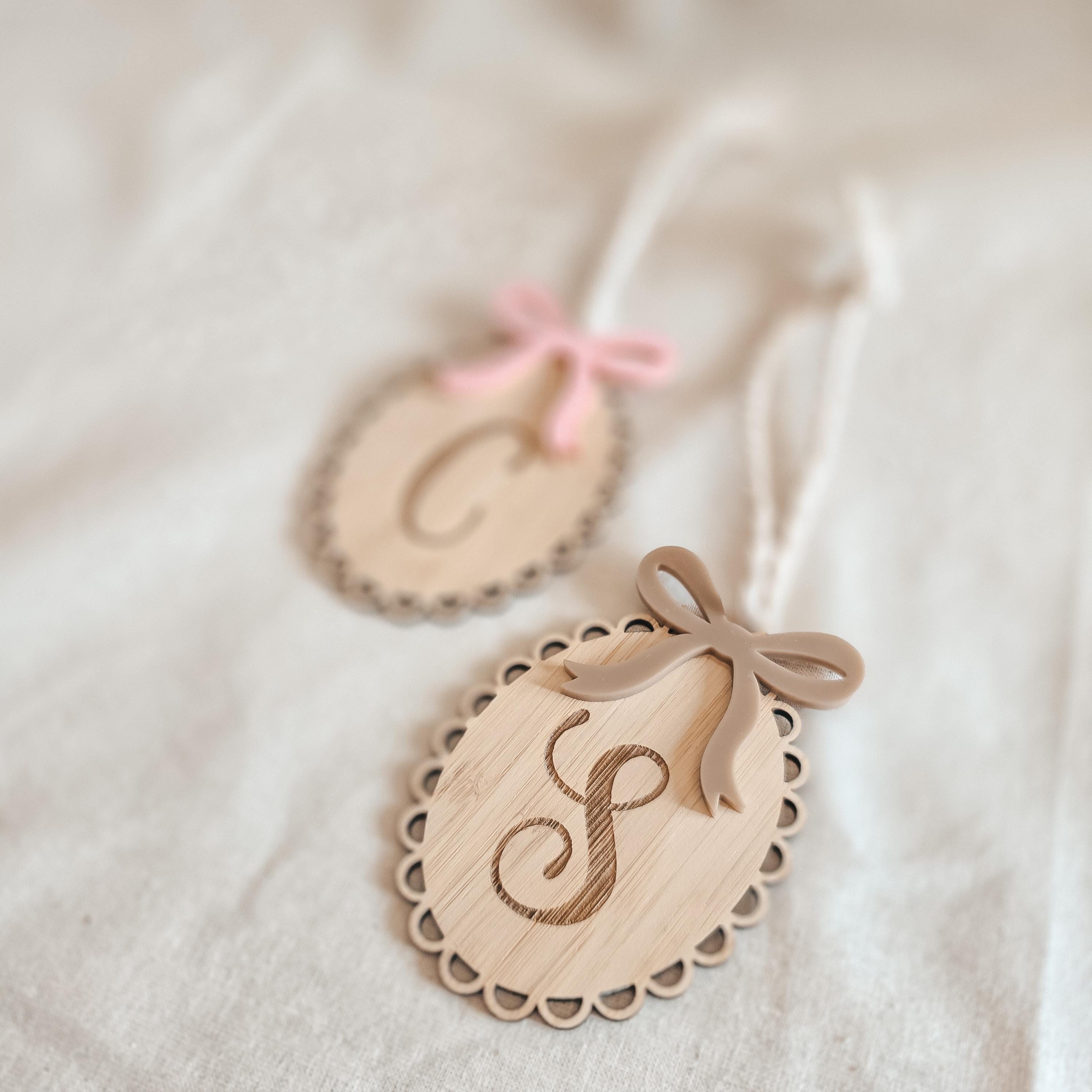 Personalized Easter Basket Tag | Bamboo Initial Gift Tag with Acrylic Bow