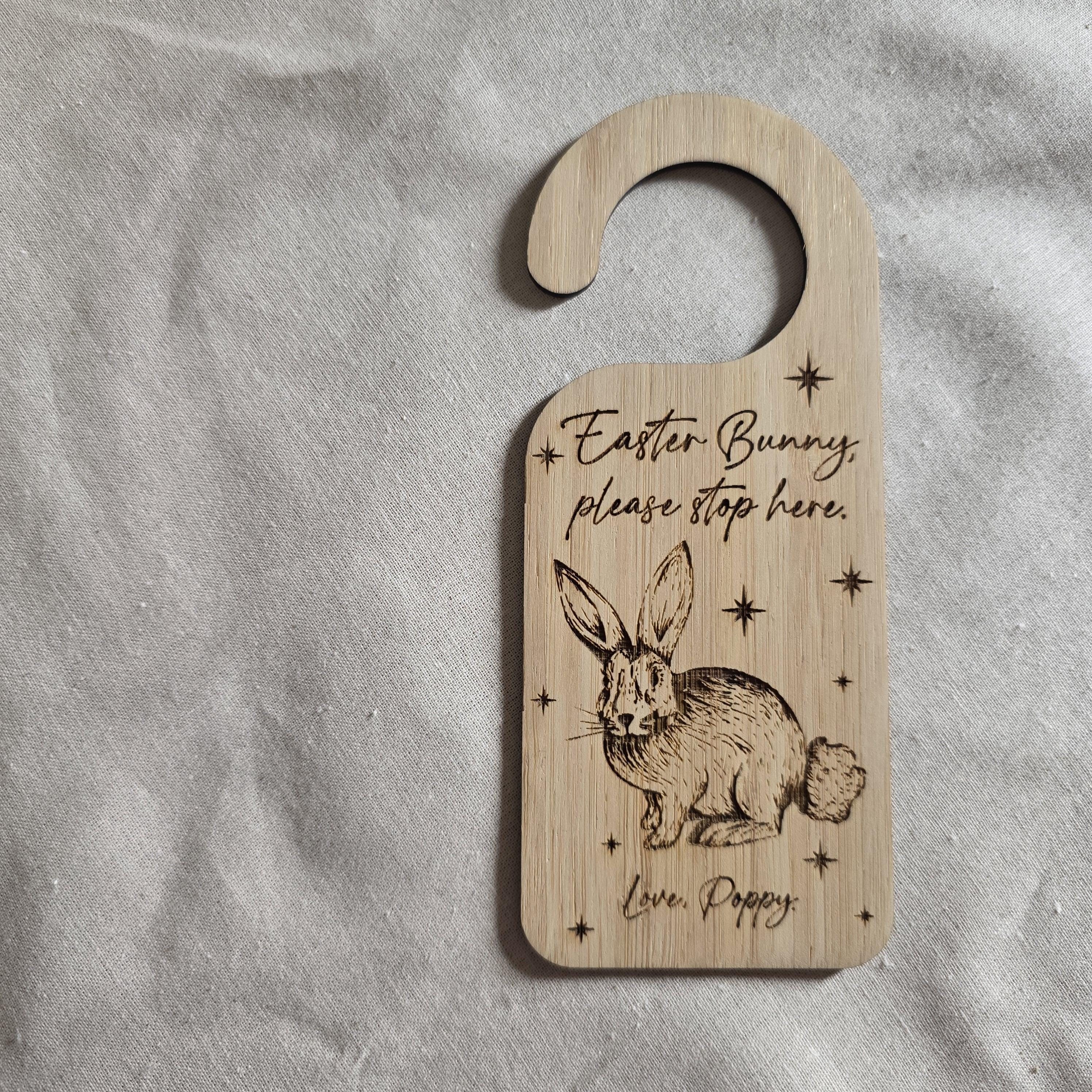 Personalised Easter Bunny Please Stop Here Door Hanger | Custom Bamboo Easter Sign