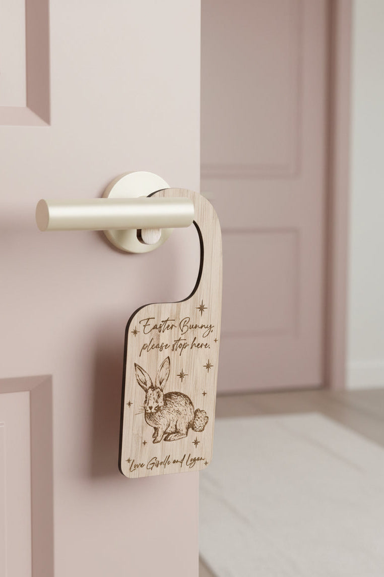 Personalised Easter Bunny Please Stop Here Door Hanger | Custom Bamboo Easter Sign